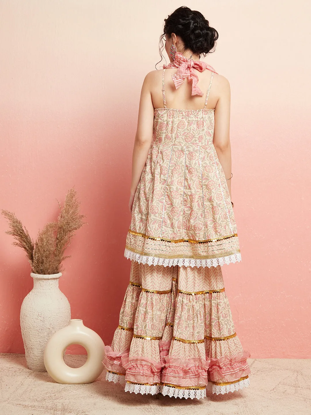 Cream & Peach Floral Print Kurta Sharara With Dupatta